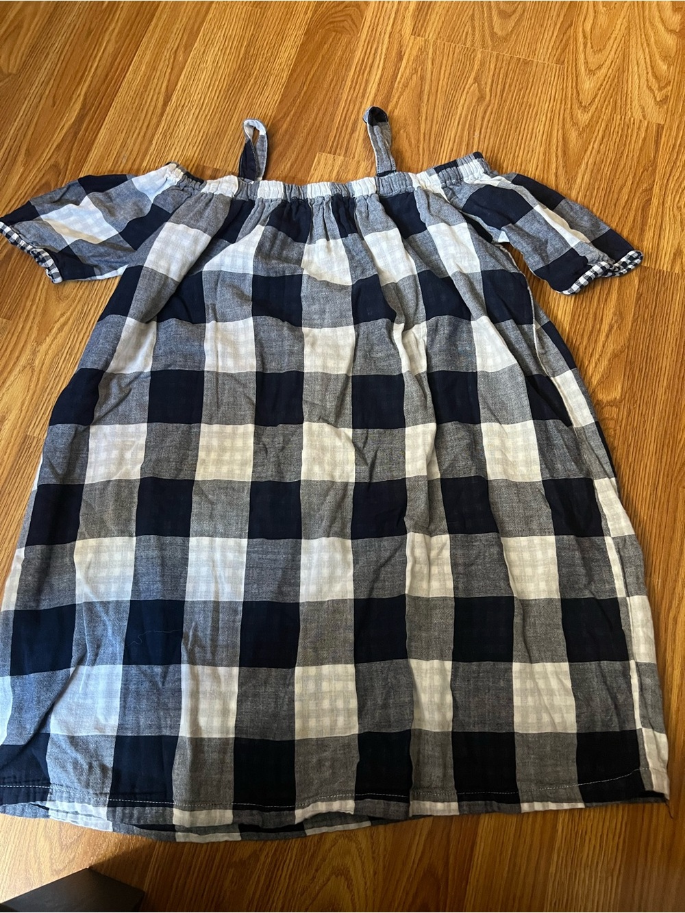 Joe Fresh Navy and White Plaid Off-Shoulder Dress
